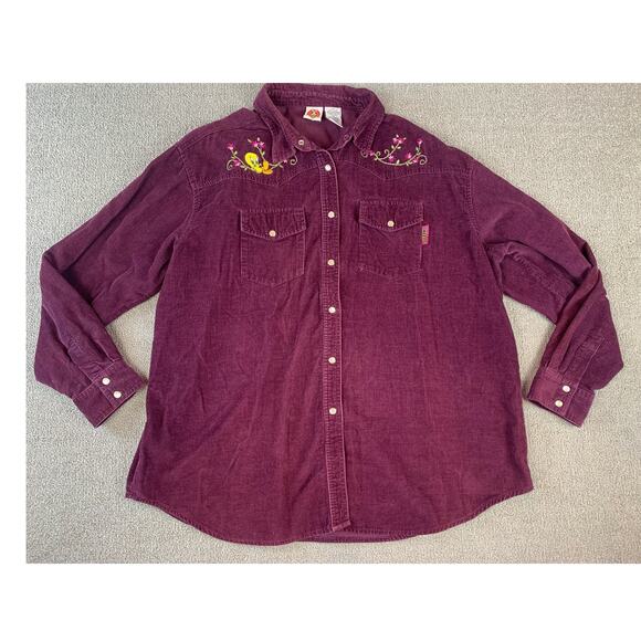 Looney Tunes Tops - Looney Toons Shirt Shacket Corduroy Embroidered Tweety Pearl Snap Vtg Size XL
